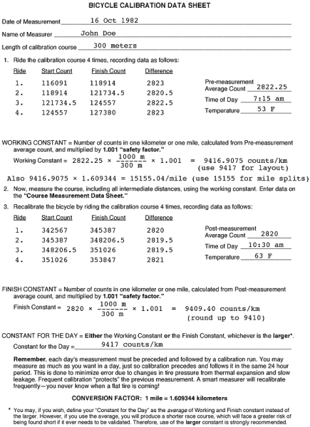 Bicycle Calibration Data Sheet - Example Measurement