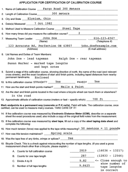 Application for Certification of Calibration Course - Fargo Road 300 Meters